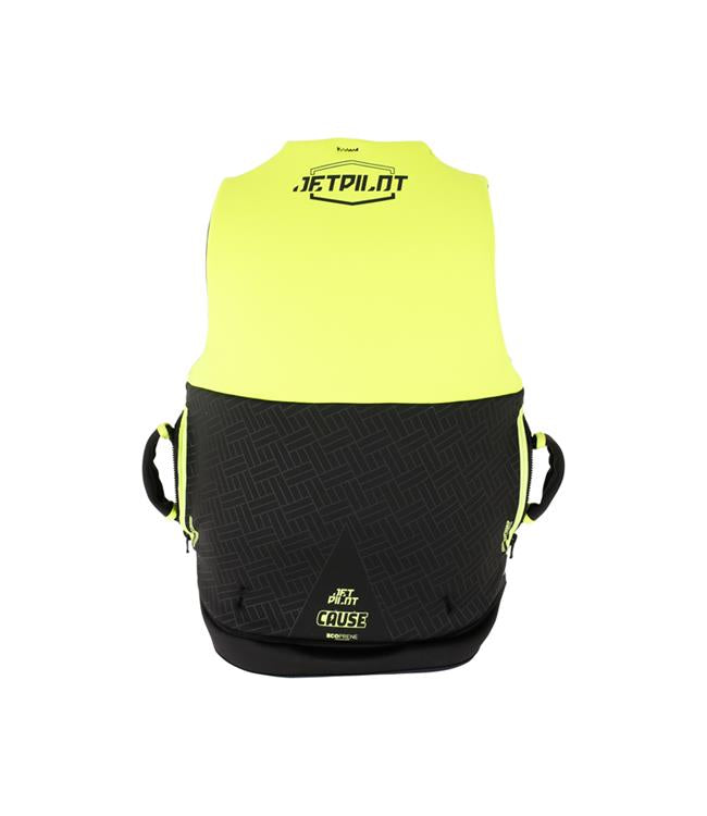Jetpilot Cause Yellow Mens Life Vest back view with segmented neoprene torso panels and S-Grip shoulders