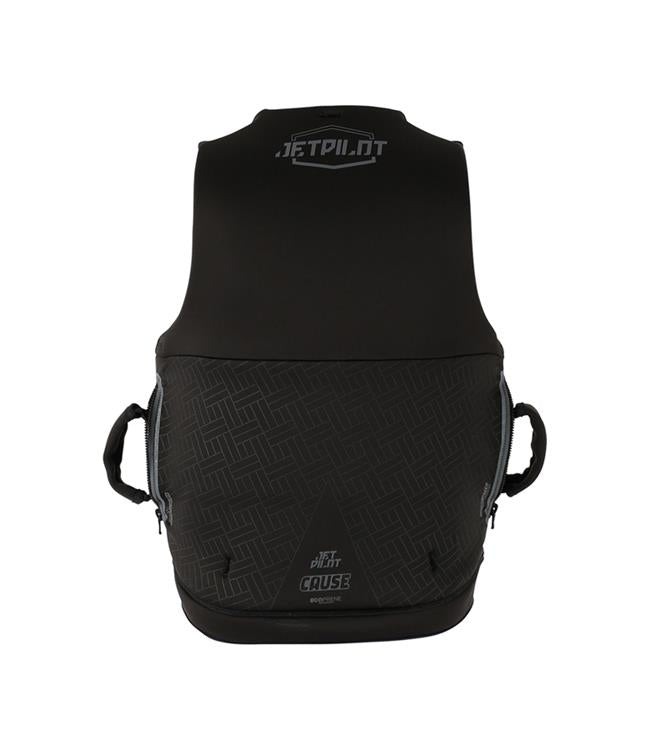 Jetpilot Cause Black Mens Life Vest side profile with flex panel articulation and entry zip detail