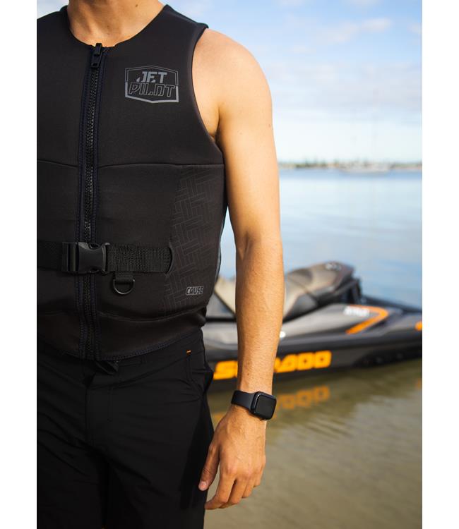 Jetpilot Cause Black Mens Life Vest on-water lifestyle shot during jet ski riding with passenger
