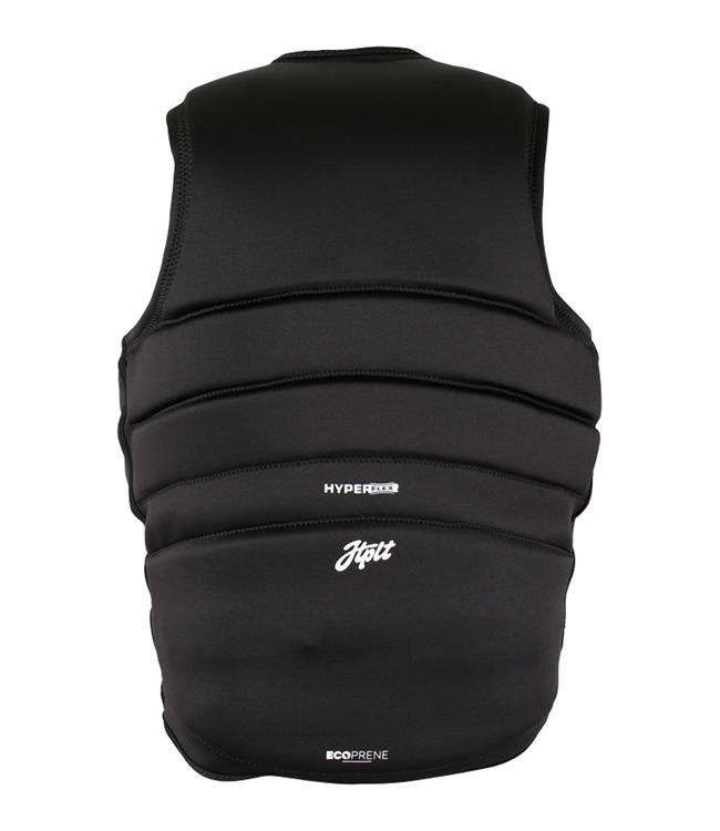 Jetpilot Phase Hyperflex Black Mens Life Vest back view with segmented hyperflex neoprene paddle panels