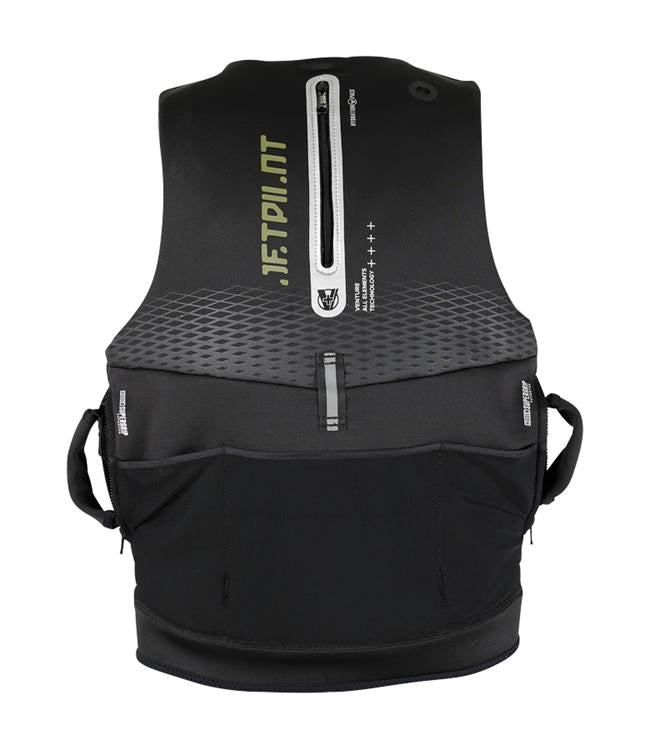 Jetpilot Venture Plus Black Mens Life Vest detail of front pocket array and zip closures