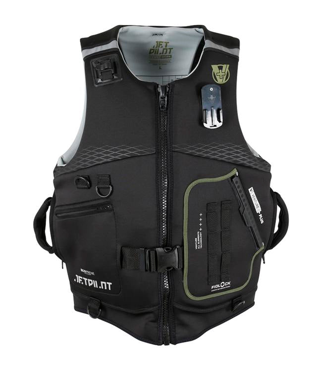 Jetpilot Venture Plus Black Mens Life Vest side profile showing storage pockets and Fidlock buckle