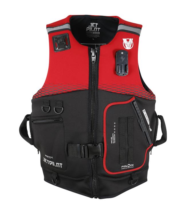 Jetpilot Venture Plus Red Mens Life Vest detail of front pocket layout and Fidlock buckle closure