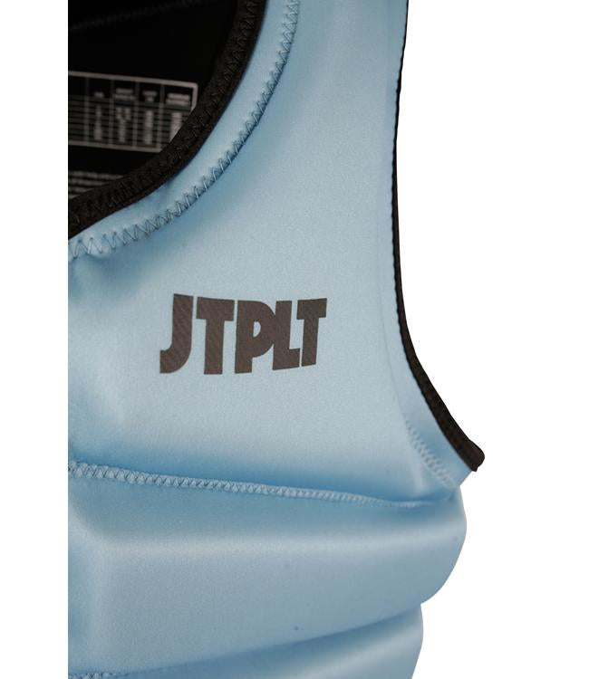 Jetpilot Freeride Steel Blue Mens Life Vest detail of side zip entry and Ecoprene panel seams
