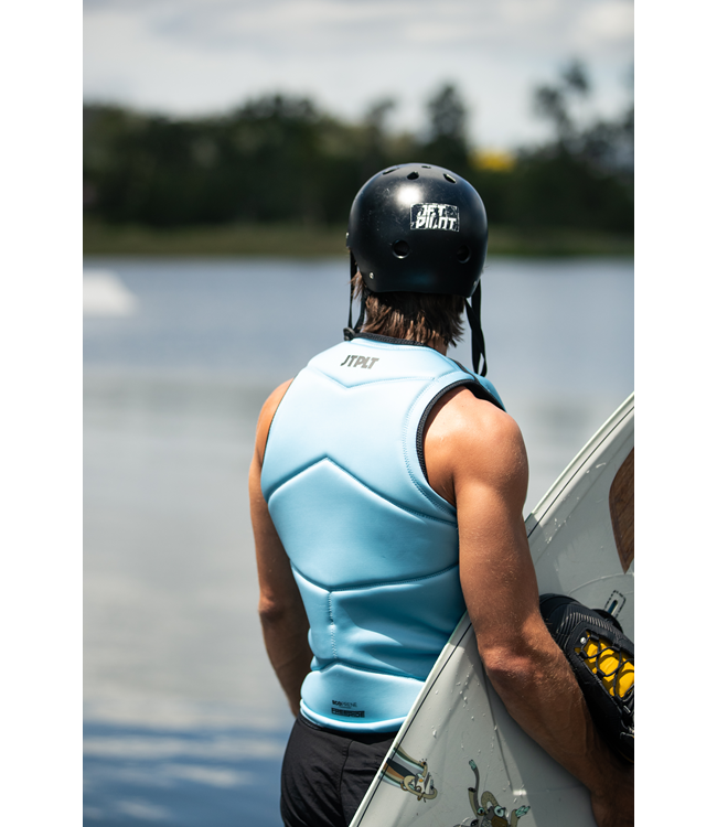 Jetpilot Freeride Steel Blue Mens Life Vest worn rider lifestyle shot showing trim athletic fit