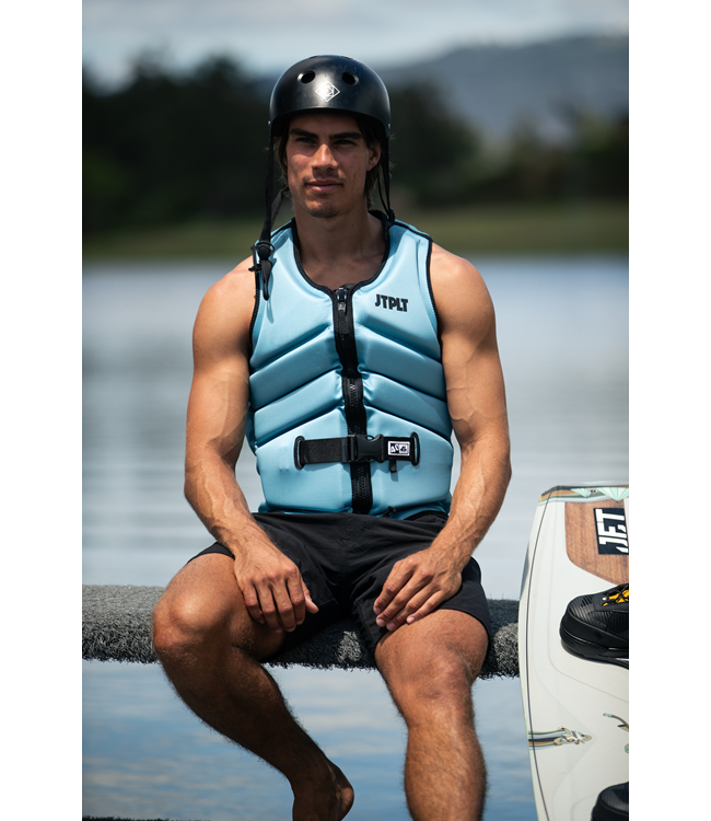 Jetpilot Freeride Steel Blue Mens Life Vest rider portrait showing collar and torso vest profile