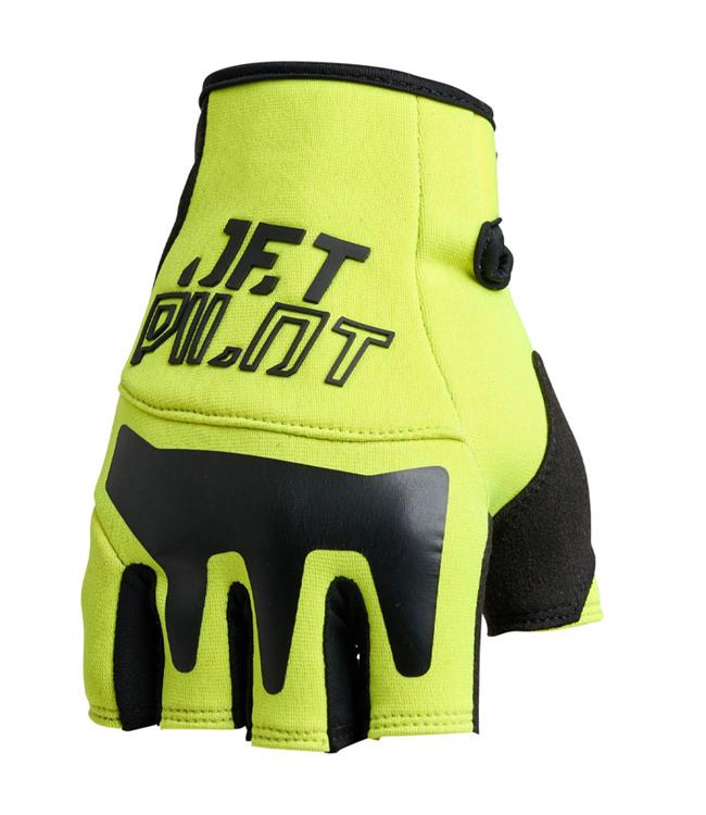 Jetpilot Vault Short Finger Race Yellow Mens Jetski Gloves back-of-hand view showing open fingertip cut-outs