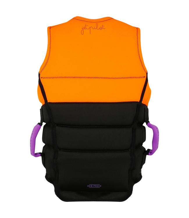 Jetpilot Eden Orange Ladies PWC Life Vest back view with sculpted female fit segmented panels