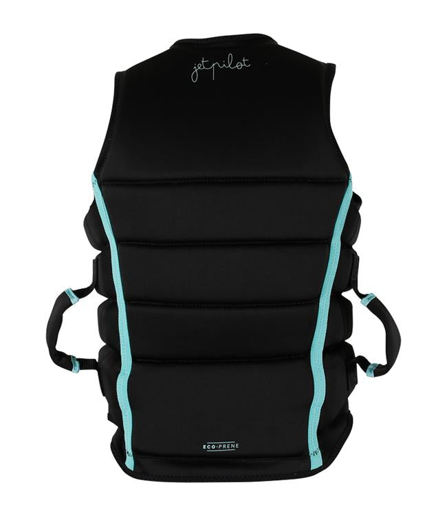 Jetpilot Eden Black Ladies PWC Life Vest back view with sculpted female fit segmented panels