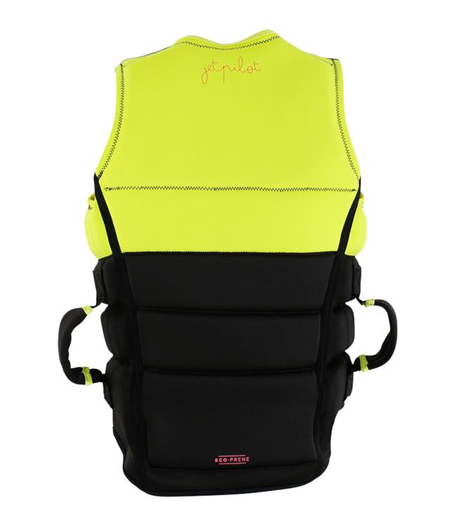 Jetpilot Eden Yellow Ladies PWC Life Vest back view with sculpted female fit and segmented panels