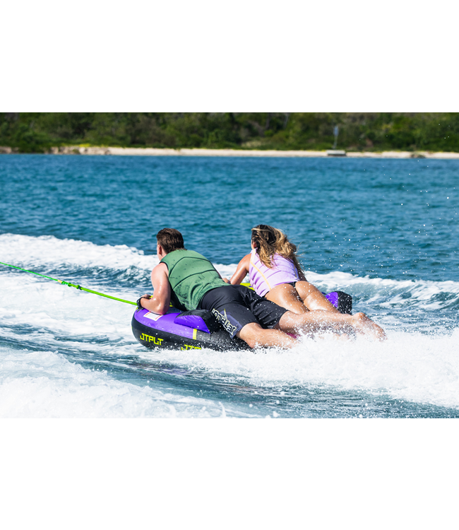 Jetpilot Speedster 2 Person Ski Tube alternate angle showing speed and spray on water