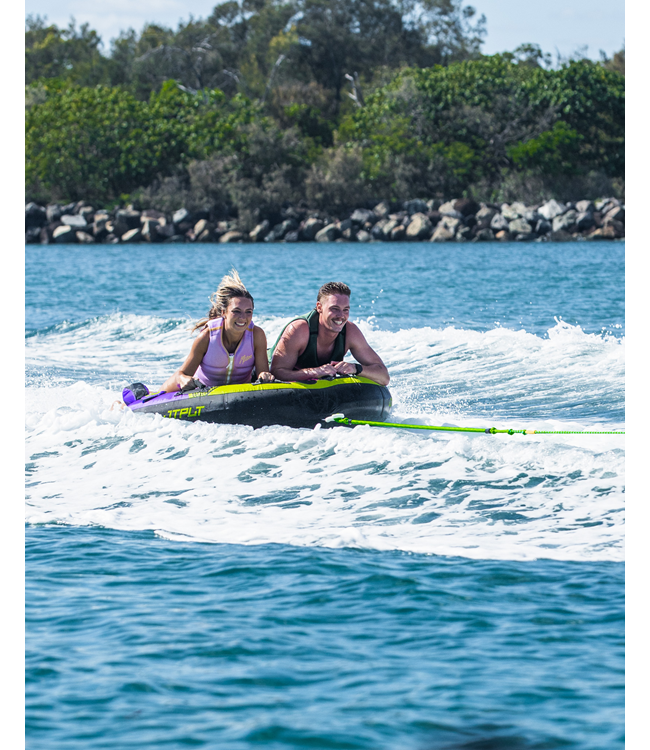 Jetpilot Speedster 2 Person Ski Tube on-water action shot showing two riders being towed