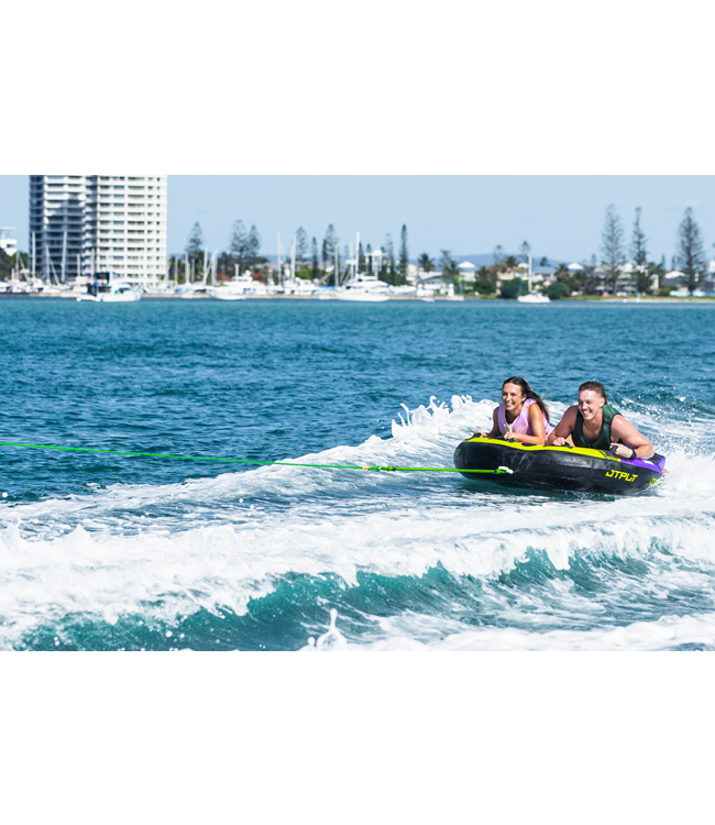 Jetpilot Speedster 2 Person Ski Tube riders sitting on tube ready for tow start on water