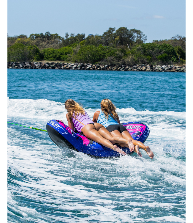 Jetpilot Hyper Wing 2 Person Ski Tube riders lying prone in tow position on the water