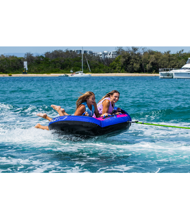 Jetpilot Hyper Wing 2 Person Ski Tube on-water action shot showing two riders being towed