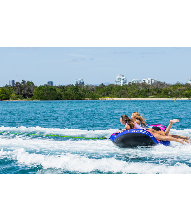 Jetpilot Hyper Wing 2 Person Ski Tube lifestyle shot of riders mid-tow behind boat