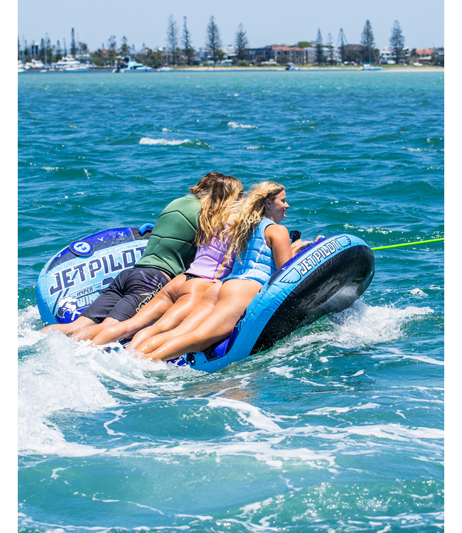 Jetpilot Hyper Wing 3 Person Ski Tube launch shot showing tube being towed at speed