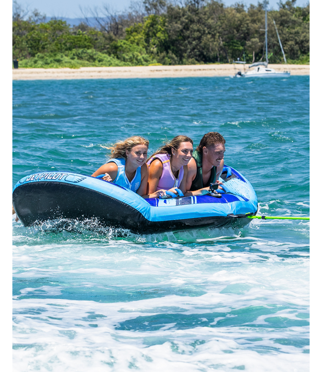 Jetpilot Hyper Wing 3 Person Ski Tube riders prone in tow position on wing-shape tube