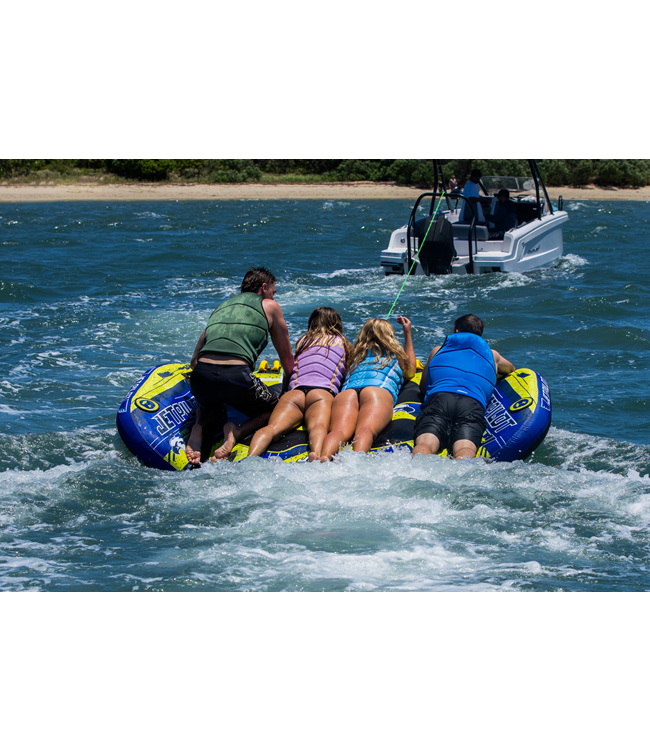 Jetpilot Hyper Wing 4 Person Ski Tube on-water action shot showing four riders being towed