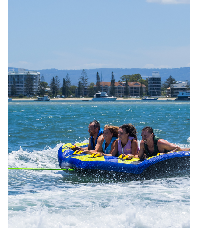 Jetpilot Hyper Wing 4 Person Ski Tube alternate angle showing speed and spray on water
