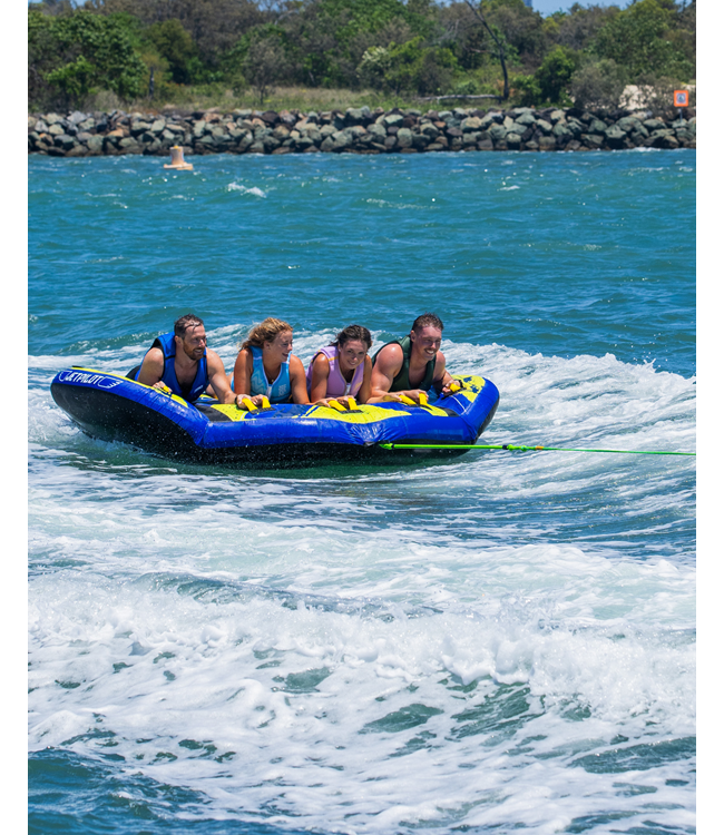 Jetpilot Hyper Wing 4 Person Ski Tube riders showing wing-shape body position on tube