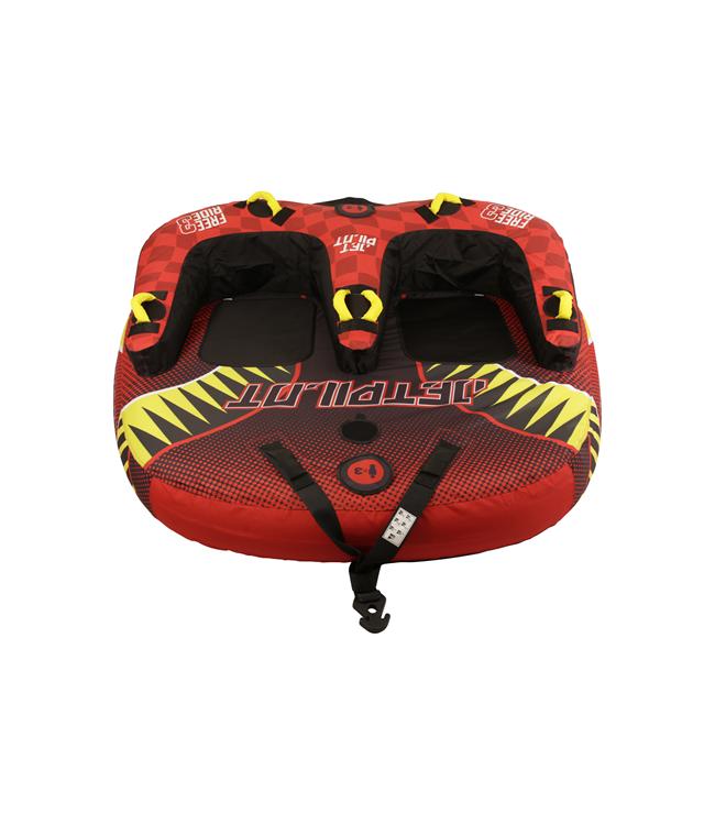 Jetpilot Freeride 3 Person Ski Tube detail showing handles and inflation valve close