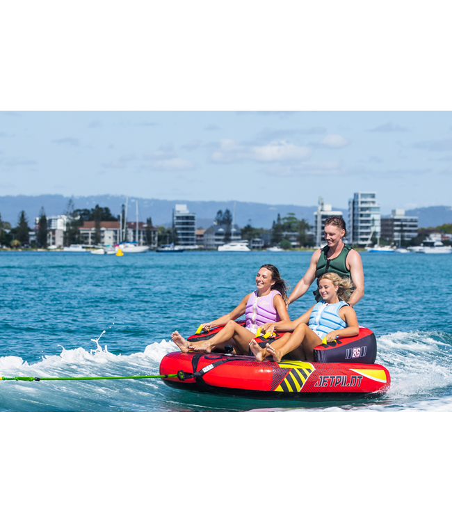 Jetpilot Freeride 3 Person Ski Tube on-water action shot showing three riders being towed