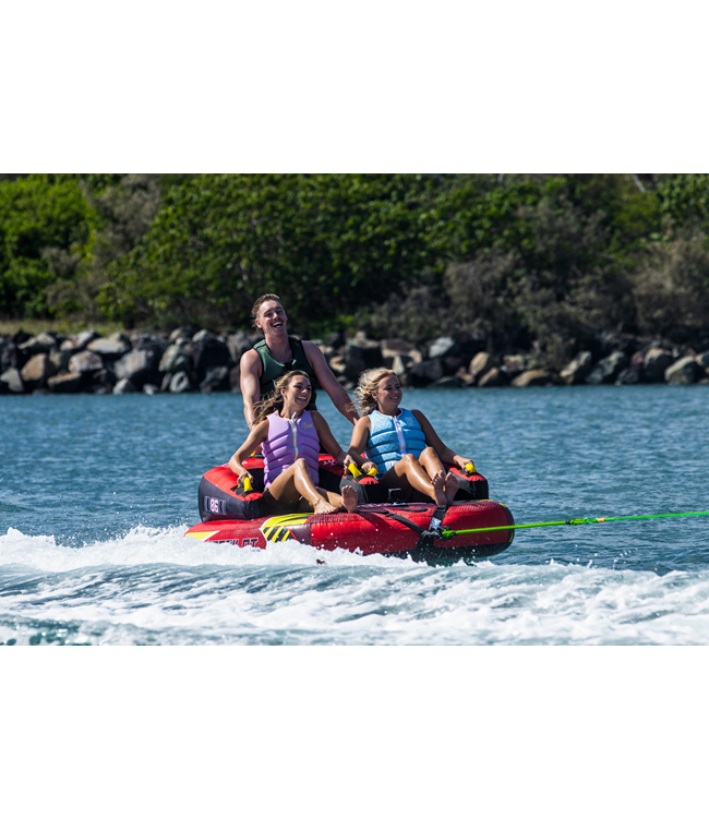 Jetpilot Freeride 3 Person Ski Tube riders sitting in tube ready for tow start position