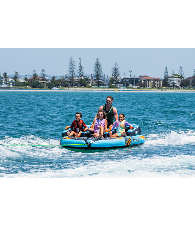 Jetpilot Freeride 4 Person Ski Tube on-water action shot showing four riders being towed