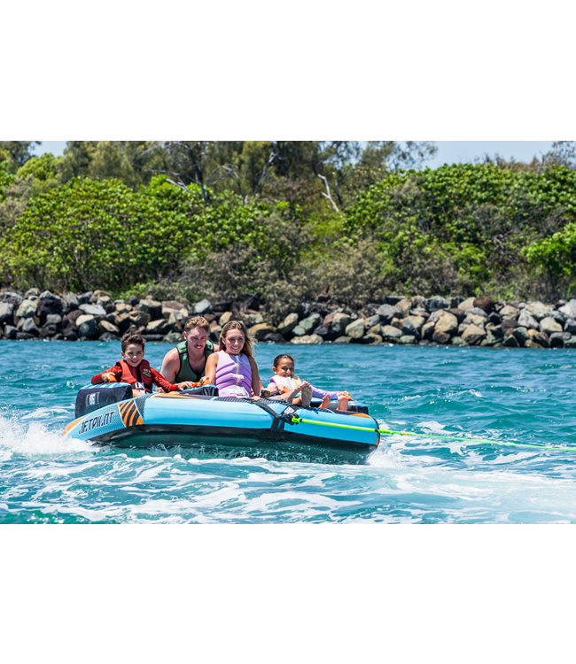 Jetpilot Freeride 4 Person Ski Tube riders showing sit-down tow position with handles
