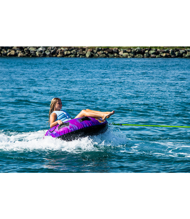 Jetpilot Whizzer 1 Person Ski Tube alternate angle showing speed and spray on water
