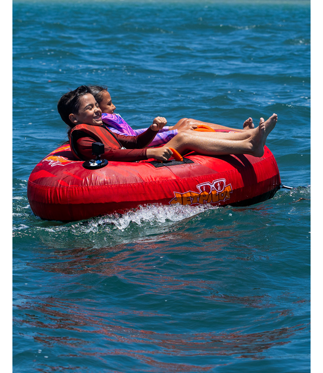 Jetpilot Whizzer 2 Person Ski Tube launch shot showing tube being towed at speed on water