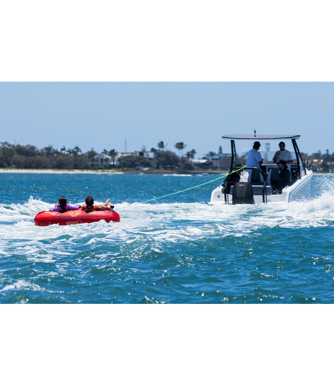 Jetpilot Whizzer 2 Person Ski Tube on-water action shot showing two riders being towed