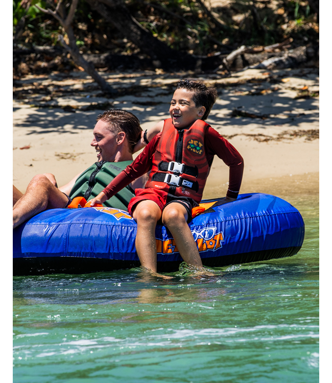 Jetpilot Whizzer 3 Person Ski Tube on-water action shot showing three riders being towed