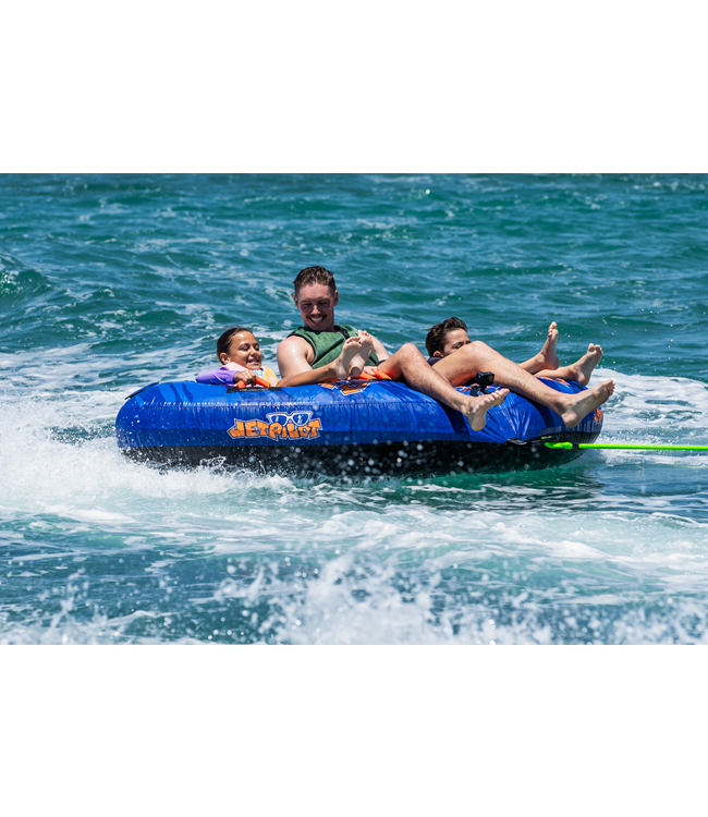 Jetpilot Whizzer 3 Person Ski Tube lifestyle shot of riders mid-tow behind boat on lake