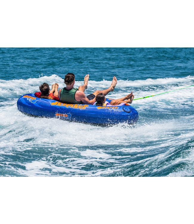 Jetpilot Whizzer 3 Person Ski Tube riders sitting in tube ready for tow start position