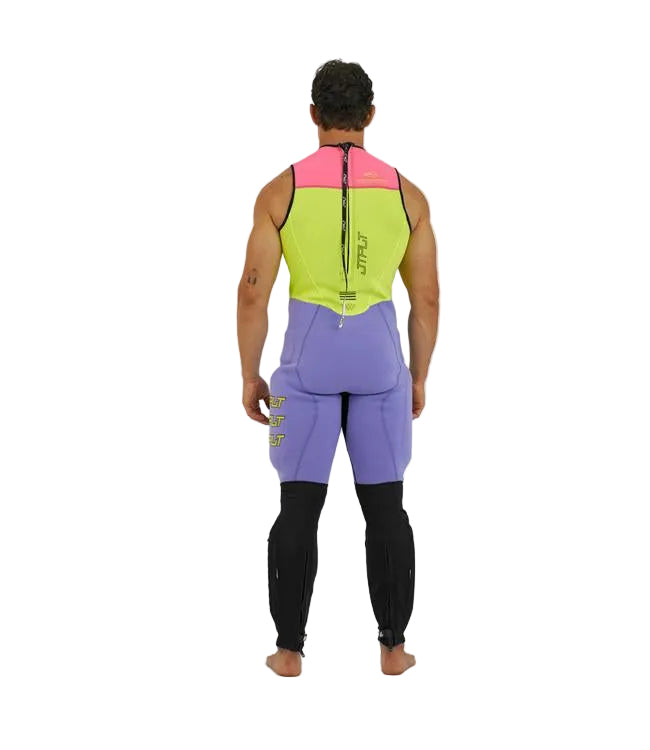 Jetpilot RX Vault Protech Pink/Yellow Mens Race John Wetsuit back view showing flatlock seams