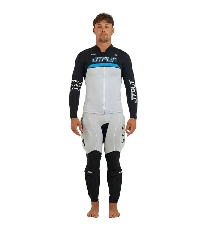 Jetpilot Vault Black/Blue Mens Race Jacket front view 2mm 360 Stretch neoprene heater top