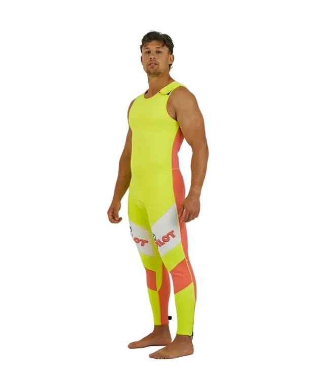 Jetpilot Retro Yellow/Pink Mens John Wetsuit side profile showing sleeveless john cut and shoulder