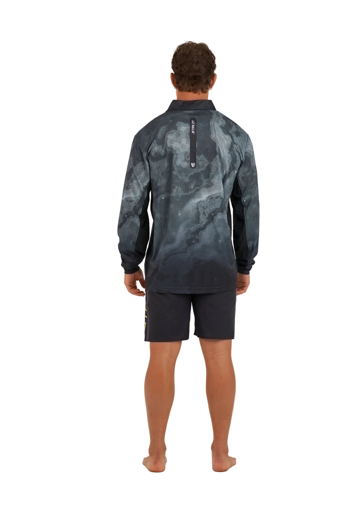 Jetpilot Venture Army Mens Long Sleeve Fishing Polo back view showing fit and panel detail