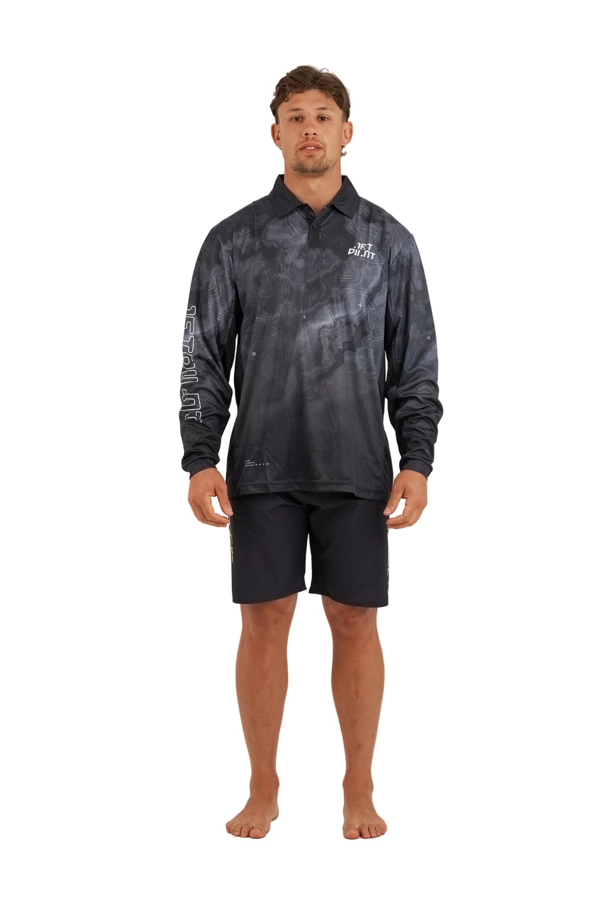 Jetpilot Venture Black Mens Long Sleeve Fishing Polo front view UPF technical fabric