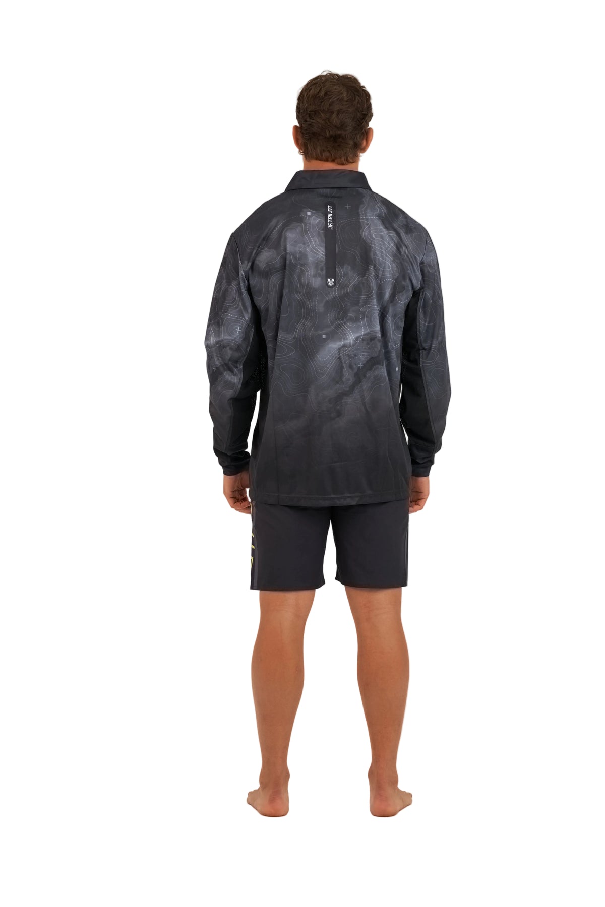 Jetpilot Venture Black Mens Long Sleeve Fishing Polo back view showing fit and panel detail