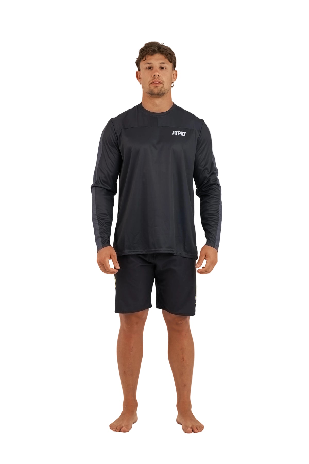 Jetpilot Venture Black Mens Long Sleeve Hydro Tee front view technical water tee with UPF