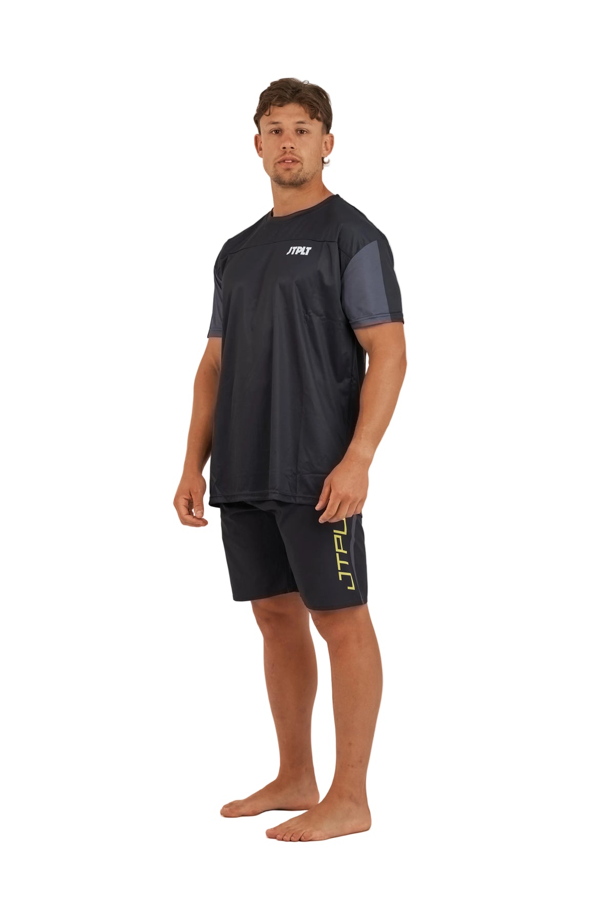 Jetpilot Venture Black Mens Short Sleeve Hydro Tee side profile showing fit and panel detail
