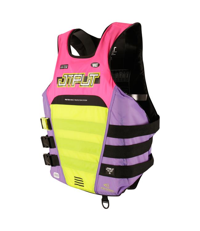 Jetpilot RX Vault Protech Side Entry Pink/Yellow Life Vest back view with race segmented panels