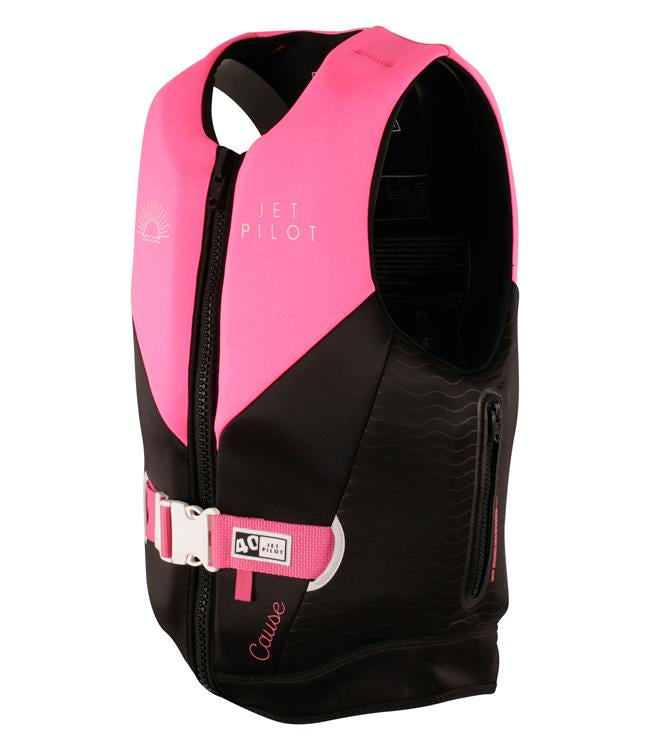 Jetpilot Cause Pink Womens Life Vest back view with sculpted neoprene panels for women