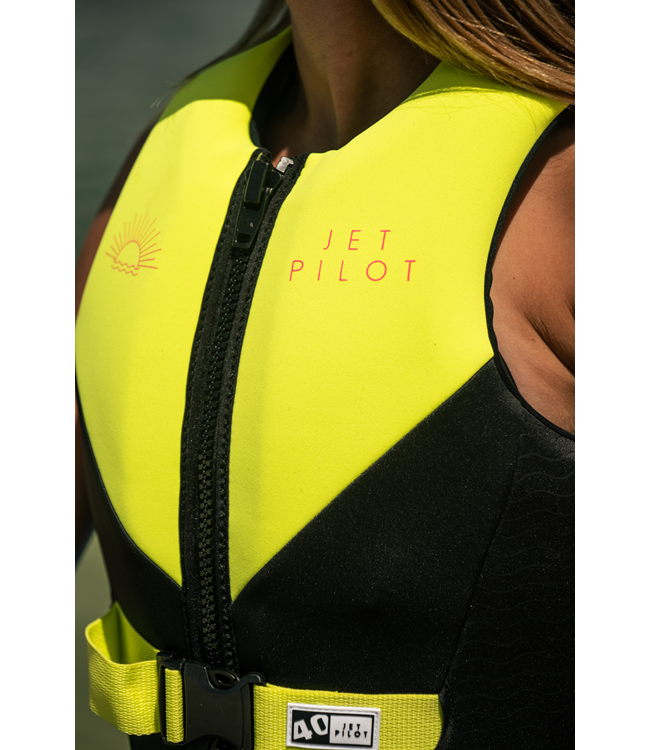 Jetpilot Cause Yellow Womens Life Vest on-water water ski action showing panel articulation