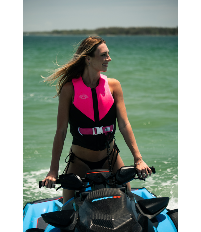 Jetpilot Cause Pink Womens Life Vest worn rider close shot showing sculpted female cut