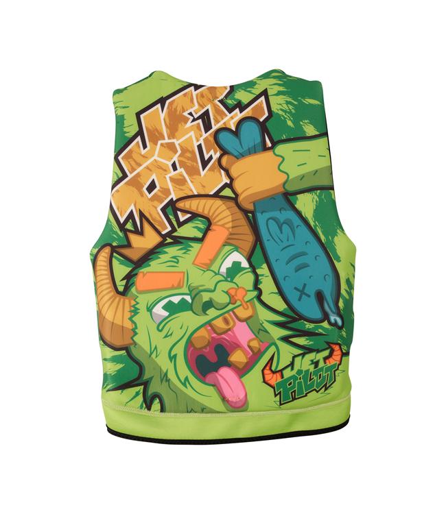 Jetpilot Cause Green Boys Life Vest back view with segmented Eco neoprene panels sized for boys