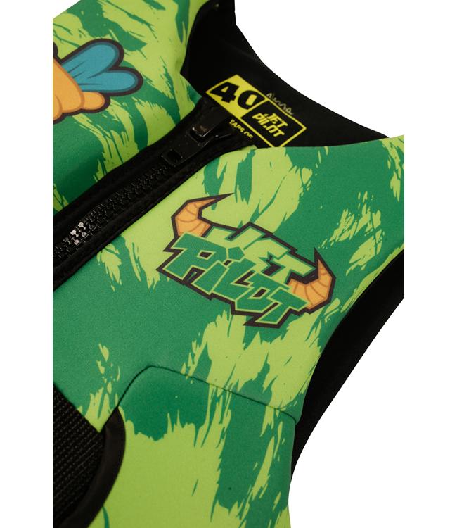 Jetpilot Cause Green Boys Life Vest alternate angle showing chest panel and front zip detail